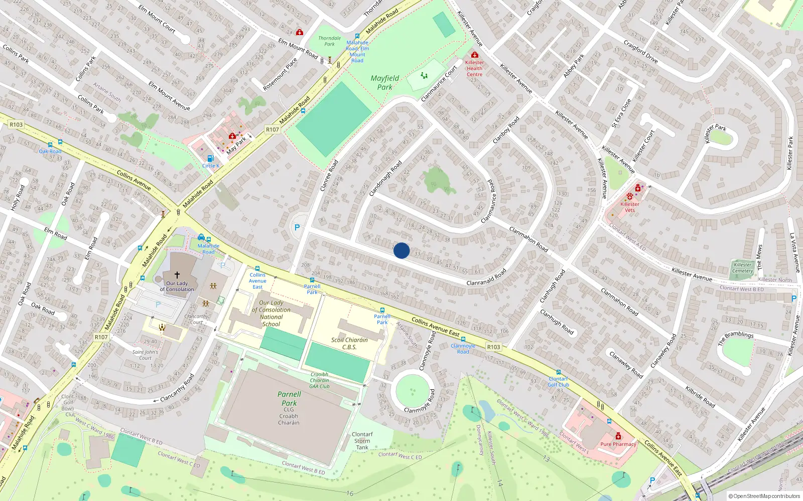 Overhead map showing the location of 25 Clanranald Road, Donnycarney, Dublin 5