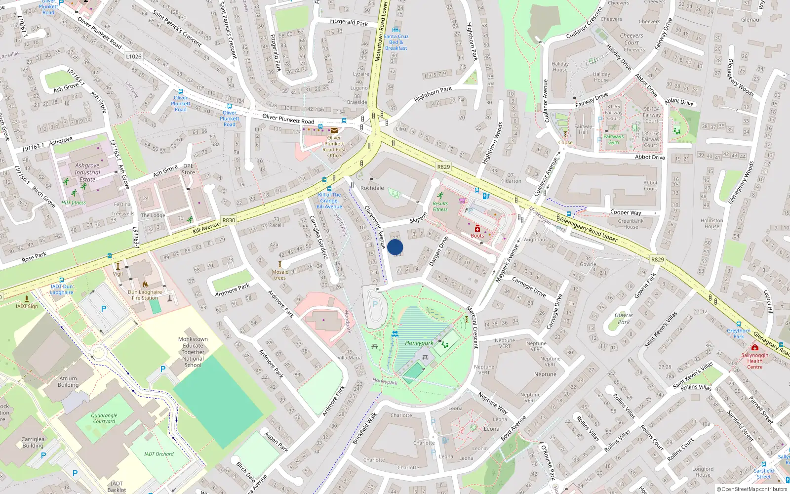 Overhead map showing the location of 25 Claremont Avenue, Dun Laoghaire