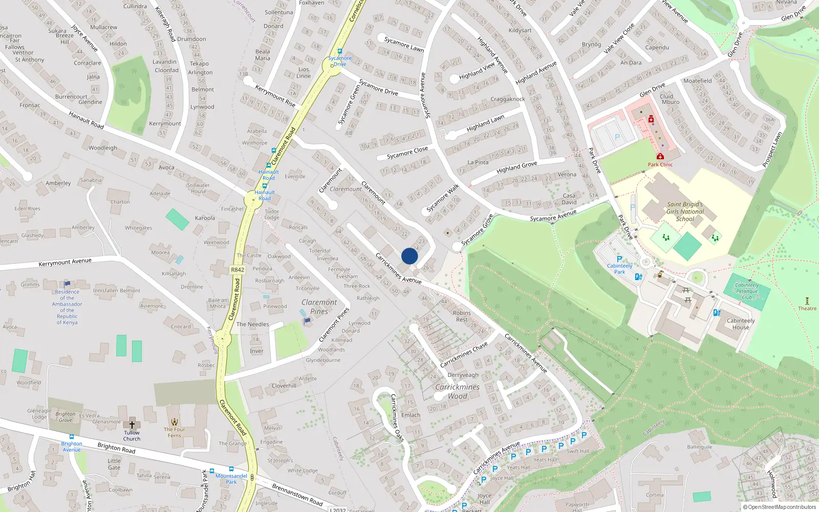 Overhead map showing the location of 25 Claremount, Dublin 18