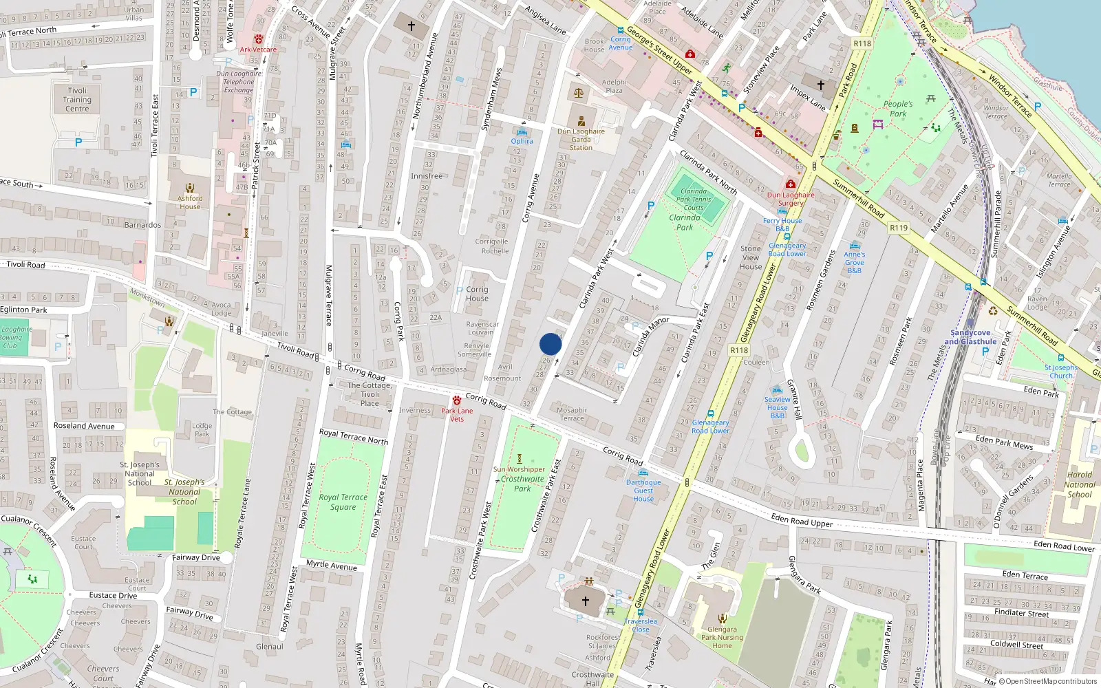 Overhead map showing the location of 25 Clarinda Park West, County Dublin