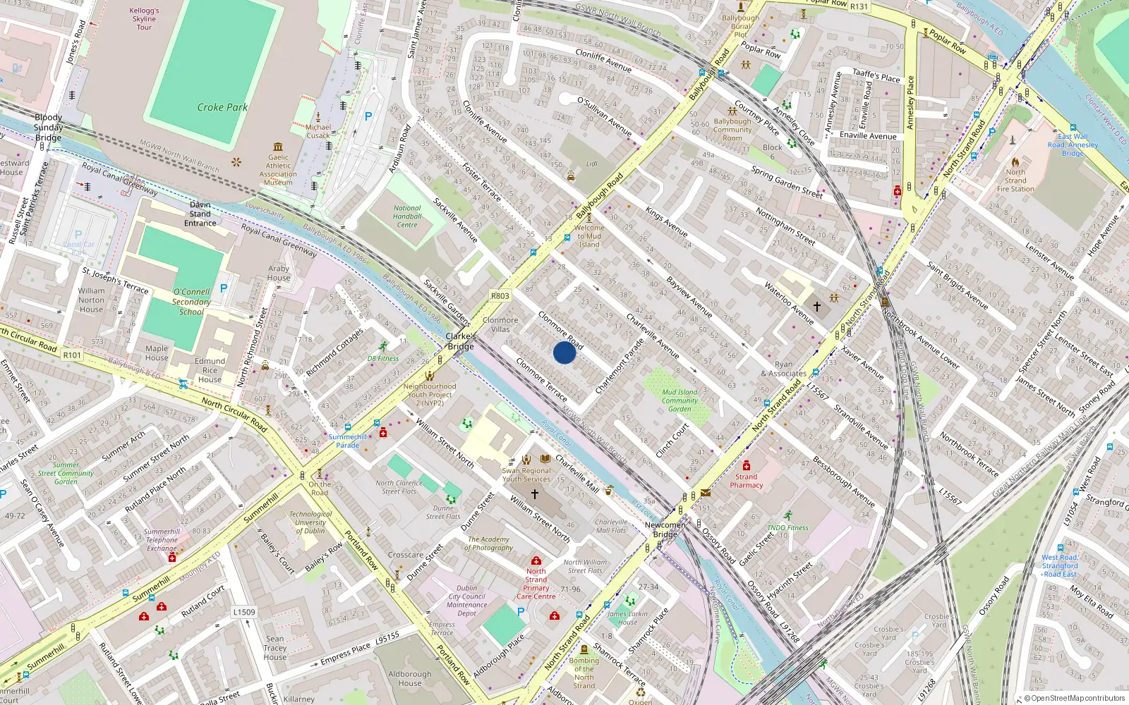 Overhead map showing the location of 25 Clonmore Road, Dublin 3