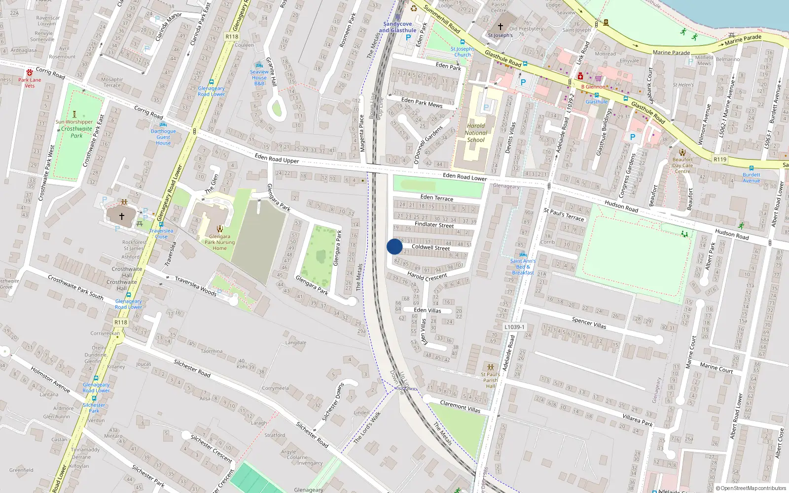 Overhead map showing the location of 25 Coldwell St, Glasthule, Dun Laoghaire