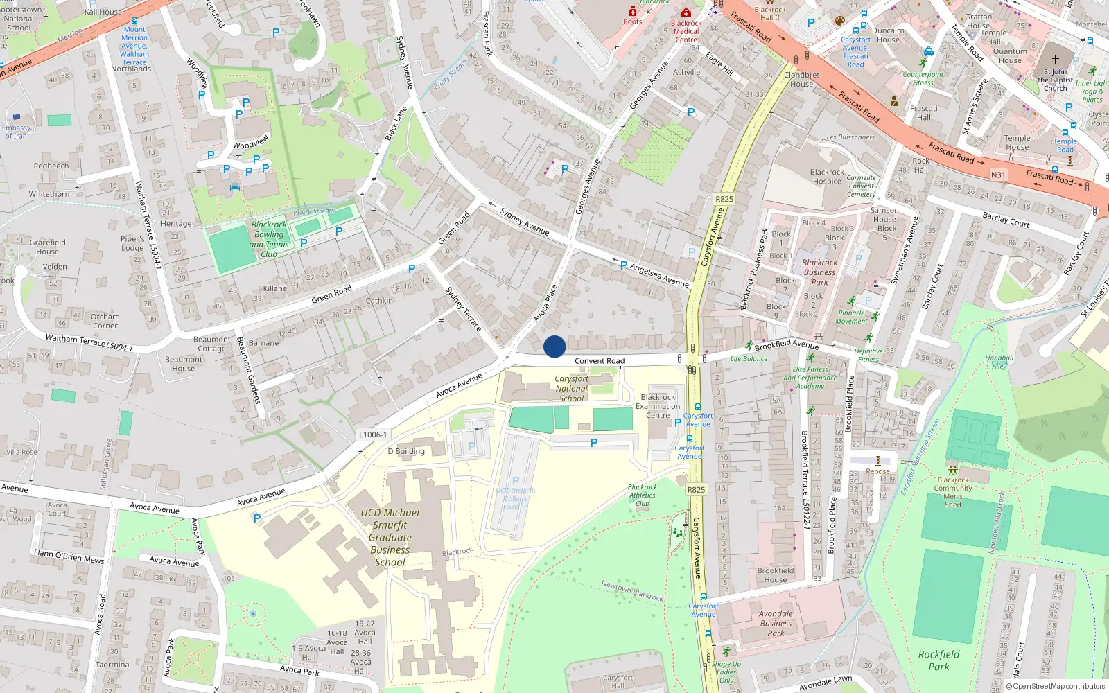 Overhead map showing the location of 25 Convent Road, Blackrock, Dublin