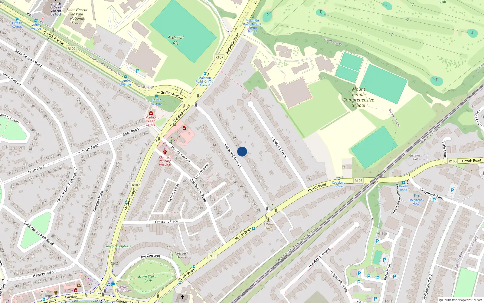 Overhead map showing the location of 25 Copeland Avenue, Dublin 3