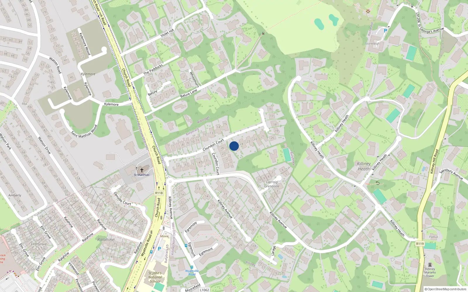 Overhead map showing the location of 25 Coundon Court, Killiney, County Dublin