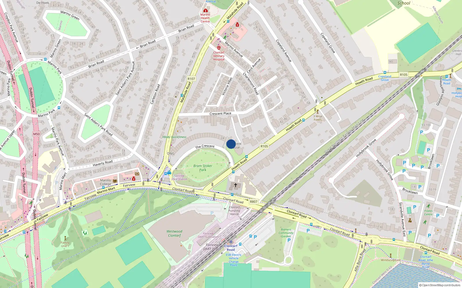 Overhead map showing the location of 25 Crescent House, Marino Crescent, Howth Road Dublin 3