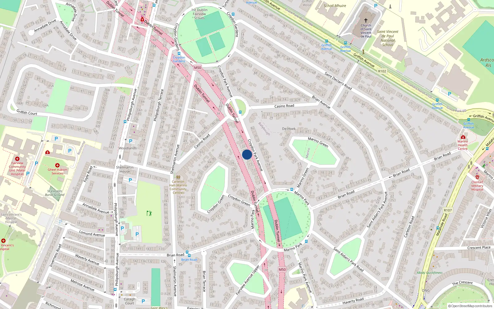 Overhead map showing the location of 25 Croydon Park Avenue, Dublin 3
