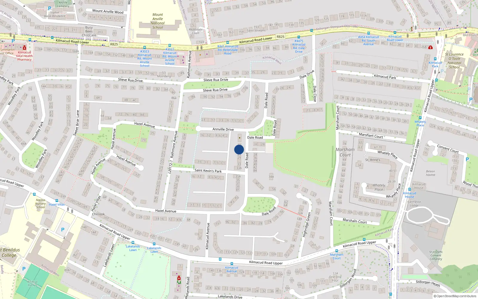 Overhead map showing the location of 25 Dale Road, Kilmacud, Stillorgan