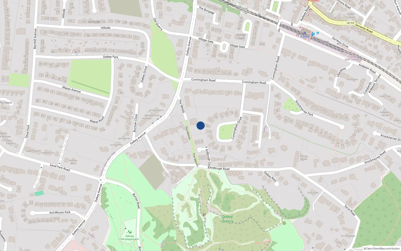 Overhead map showing the location of 25 Dalkey Avenue, Dalkey