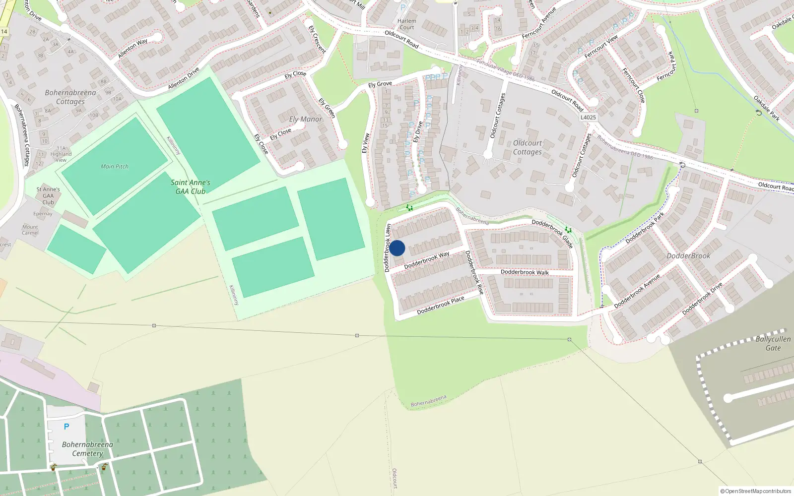 Overhead map showing the location of 25 Dodderbrook Lawn, Bohernabreena