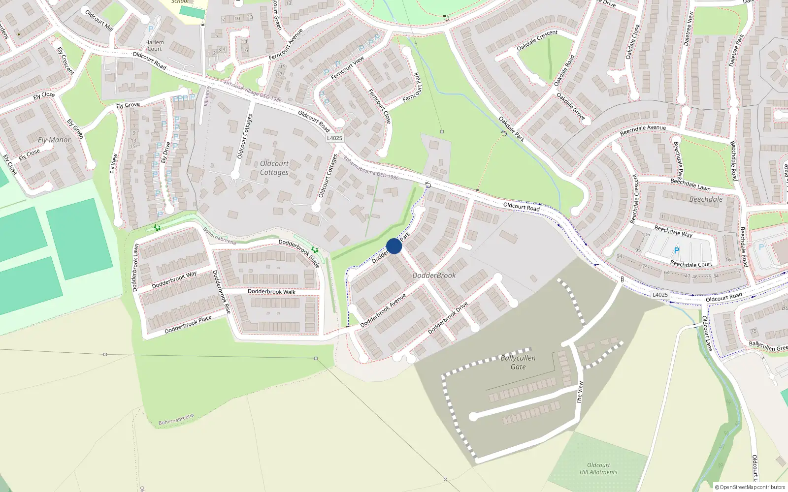 Overhead map showing the location of 25 Dodderbrook Park, Oldcourt