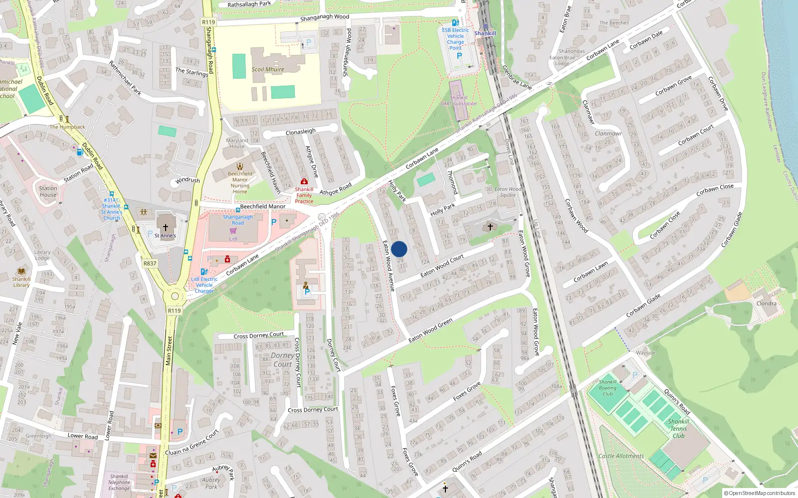 Overhead map showing the location of 25 Eaton Wood Avenue, Dublin 18