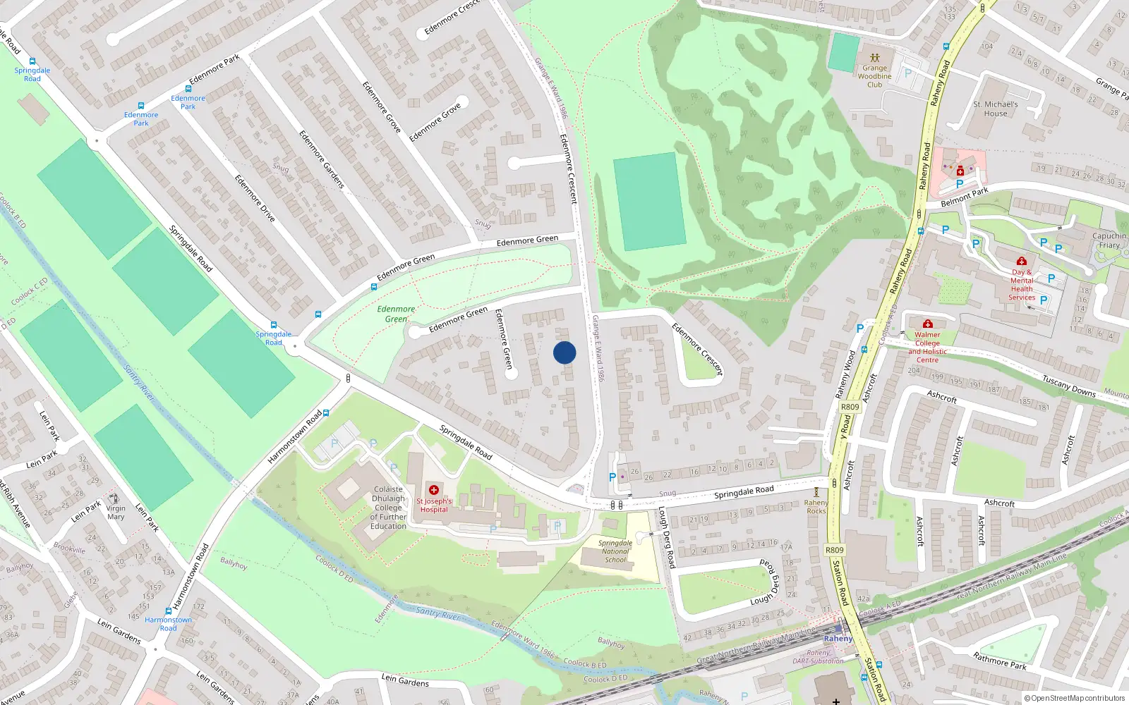 Overhead map showing the location of 25 Edenmore Crescent, Raheny, Dublin 5