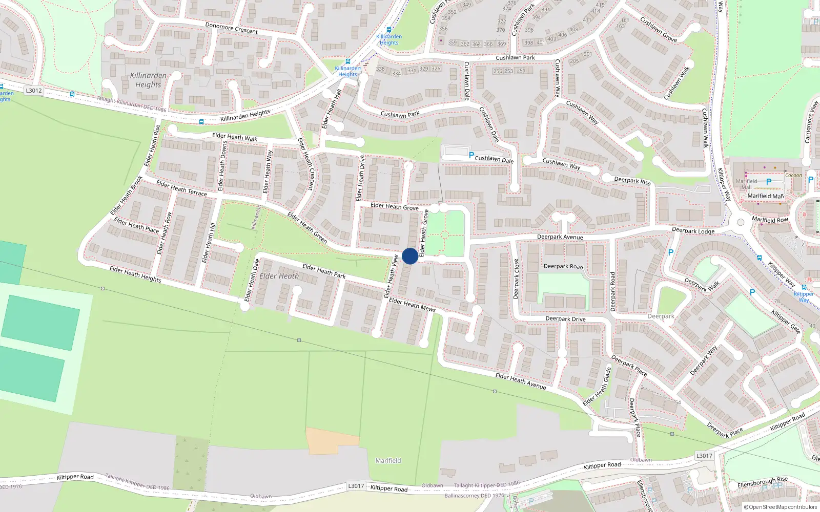 Overhead map showing the location of 25 Elder Heath Green, Oldbawn
