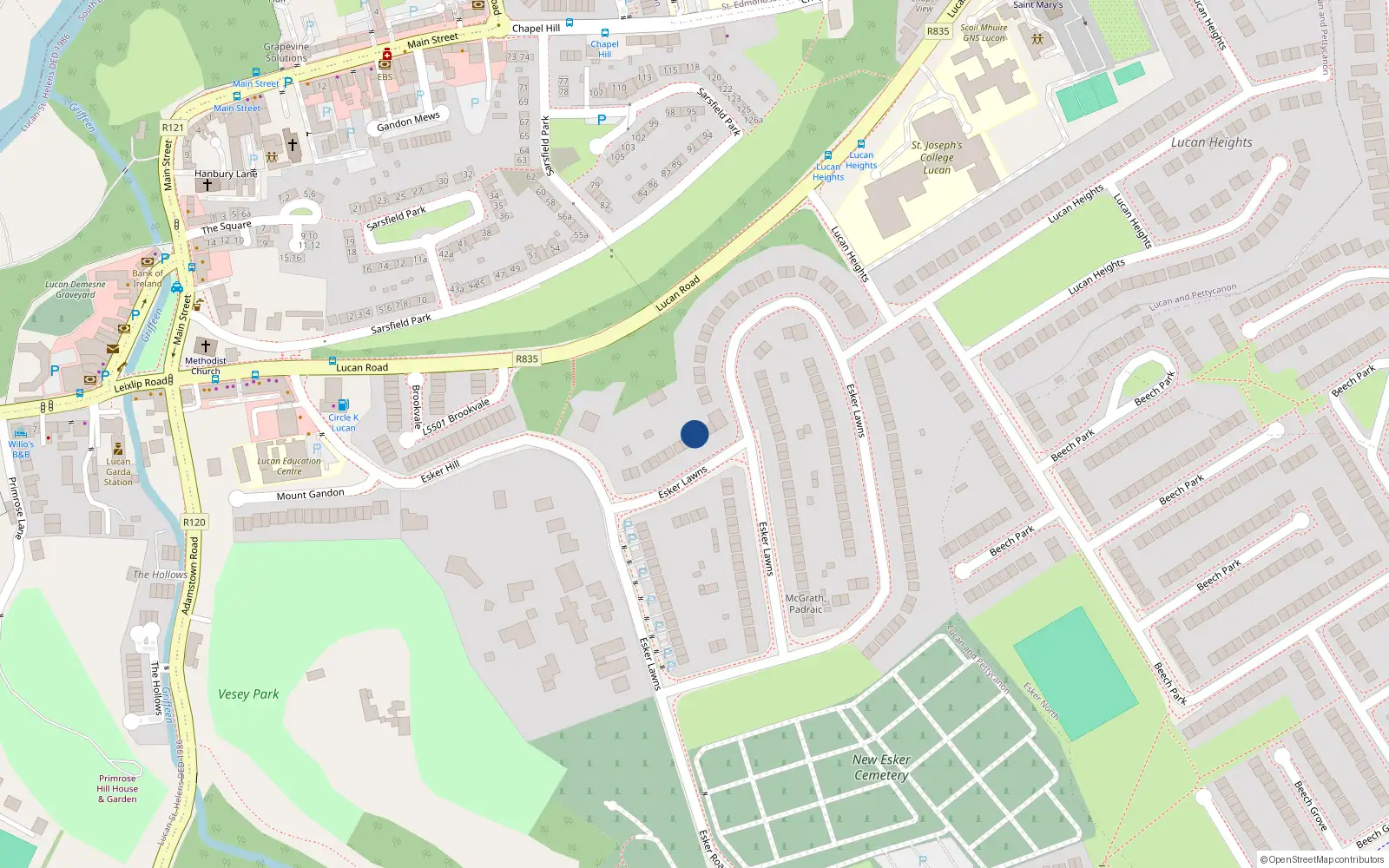 Overhead map showing the location of 25 Esker Lawns, Lucan