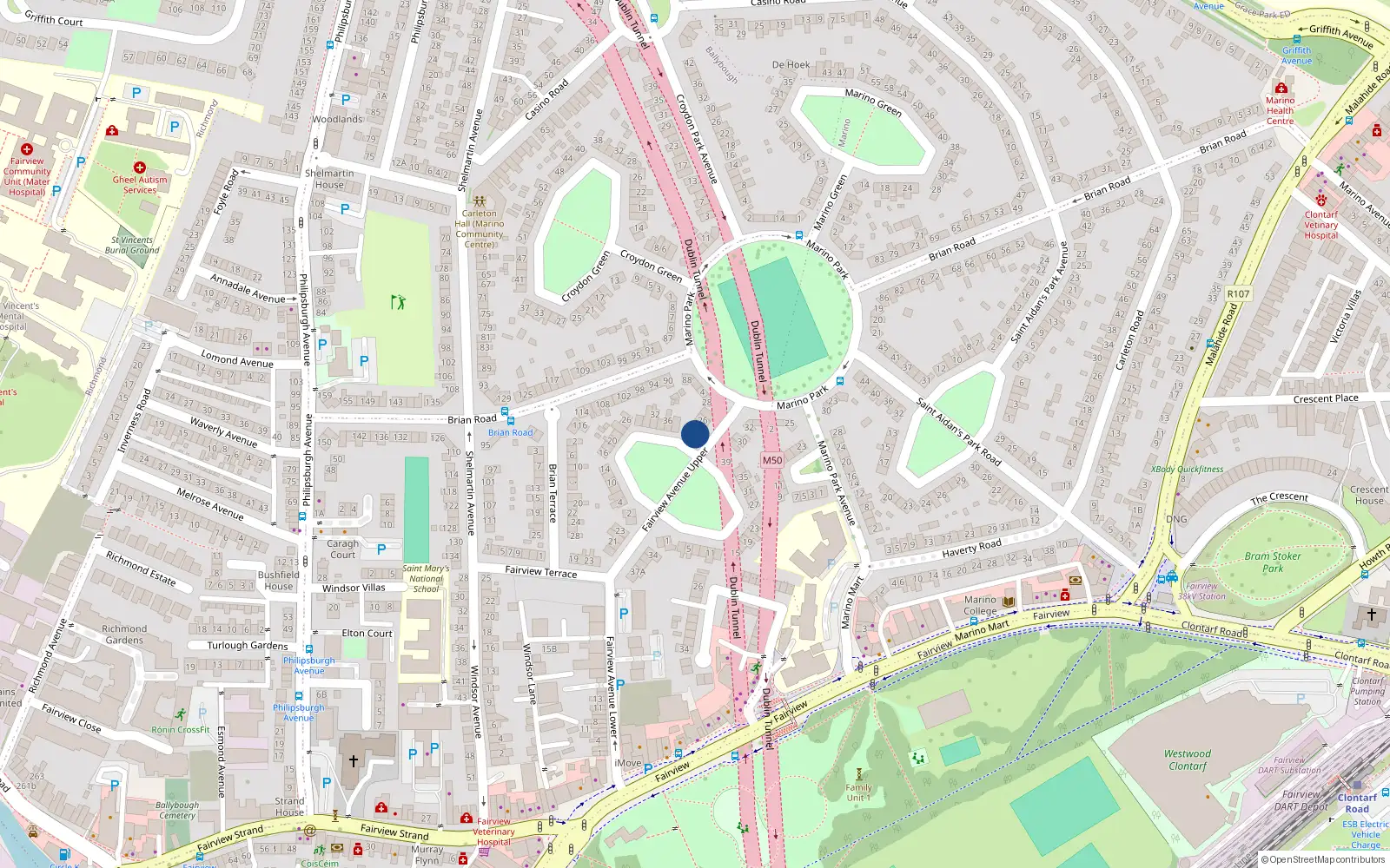 Overhead map showing the location of 25 Fairview Avenue Upper, Fairview, Dublin 3
