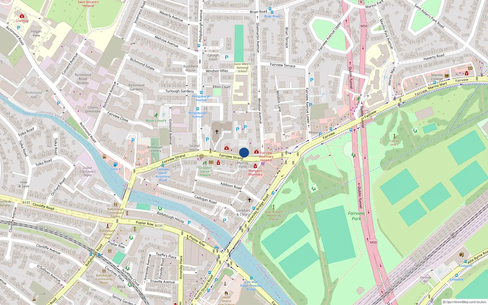Overhead map showing the location of 25 Fairview Strand, Dublin 3