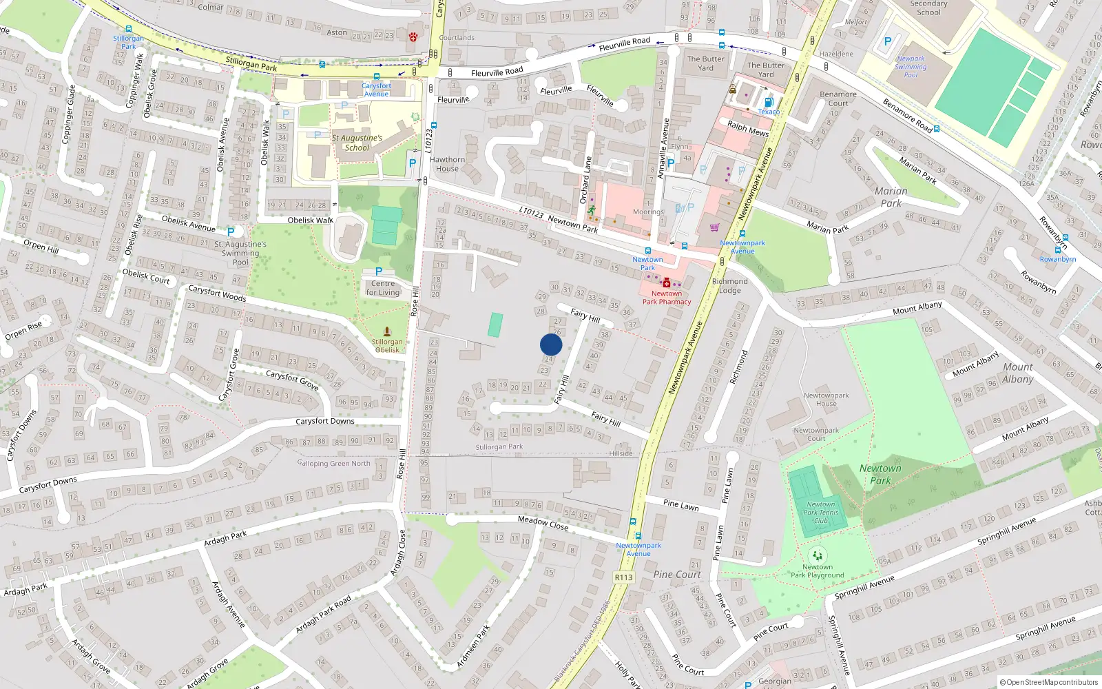Overhead map showing the location of 25 Fairyhill, Blackrock, Dublin