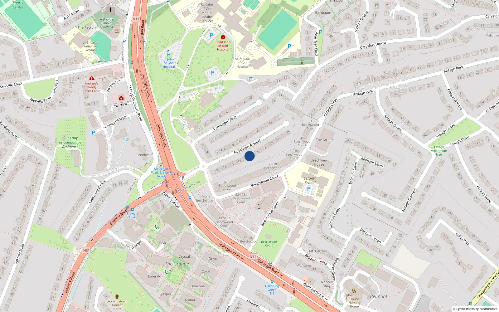 Overhead map showing the location of 25 Farmleigh Avenue, Stillorgan, Dublin
