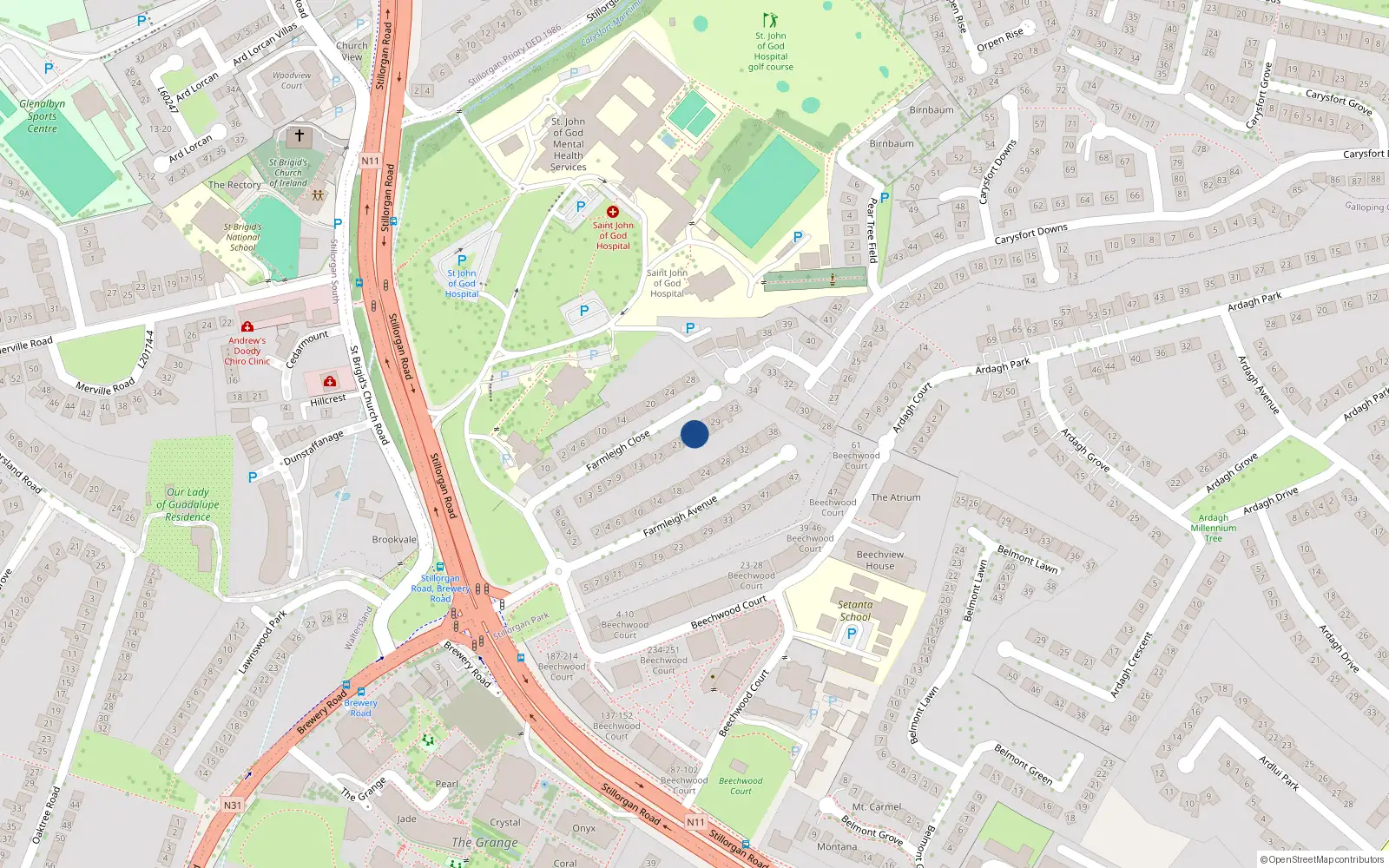 Overhead map showing the location of 25 Farmleigh Close, Stillorgan, Co Dublin