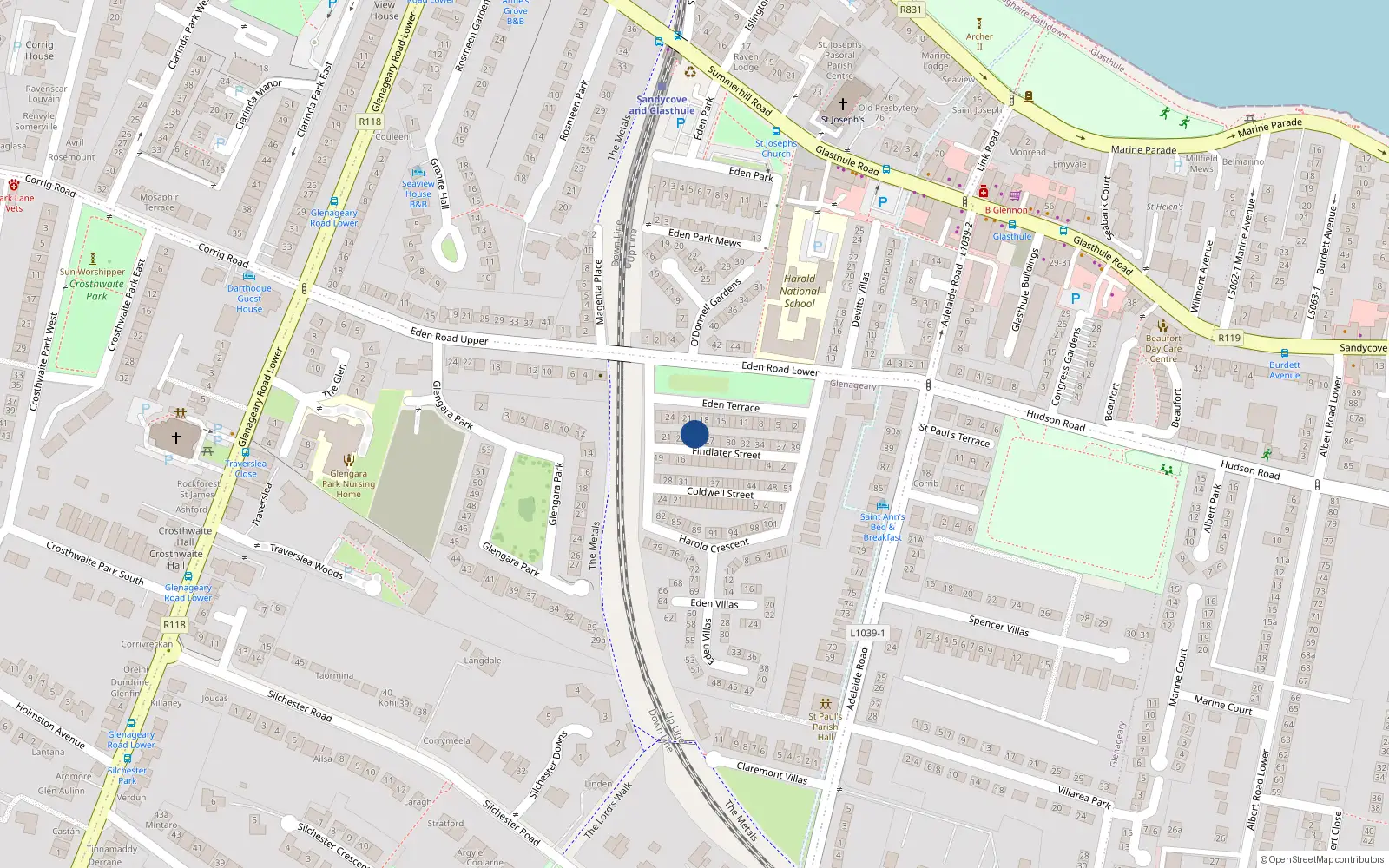Overhead map showing the location of 25 Findlater St, Glasthule, Dublin