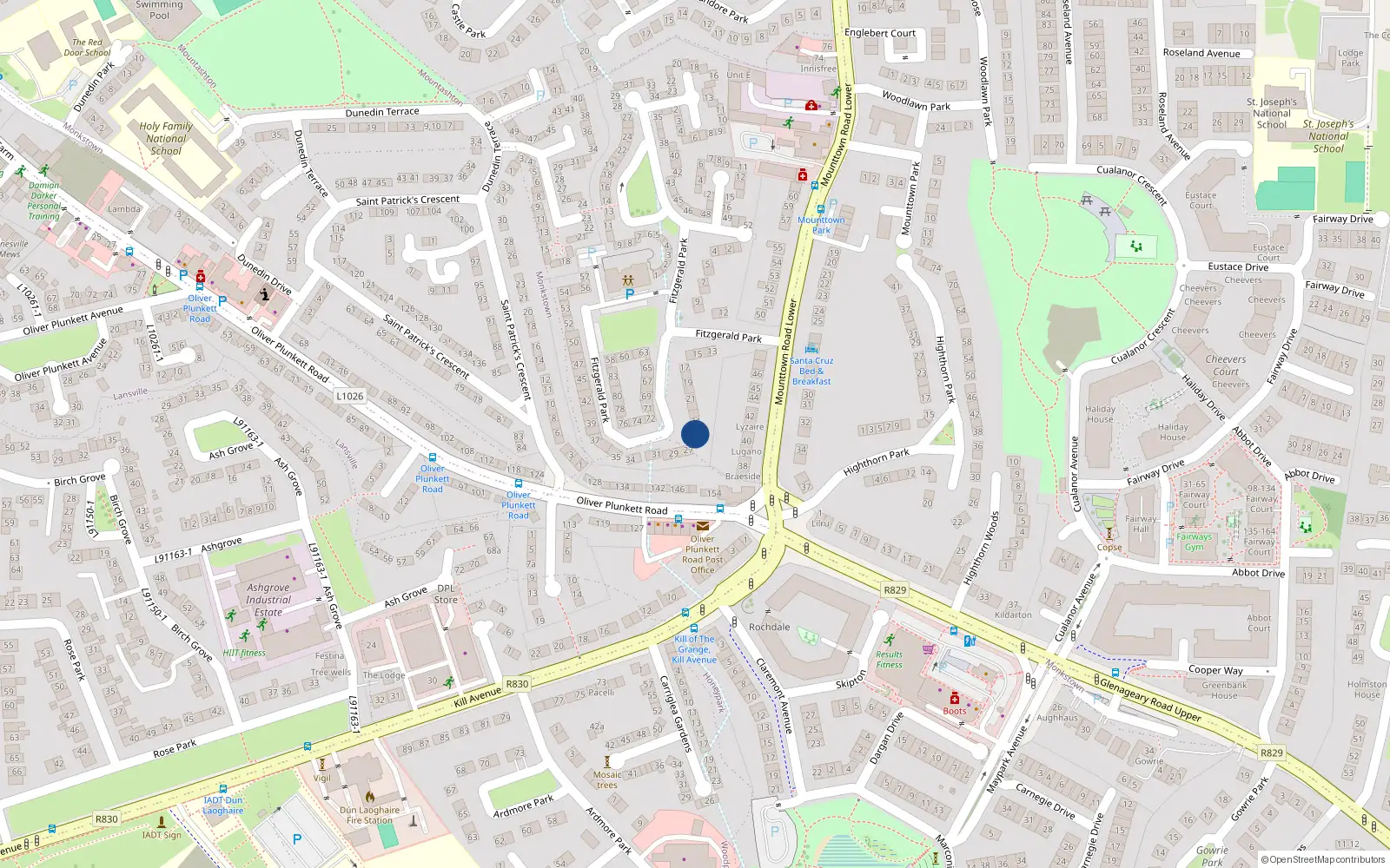 Overhead map showing the location of 25 Fitzgerald Park Mounttown, Dun Laoghaire, Dublin