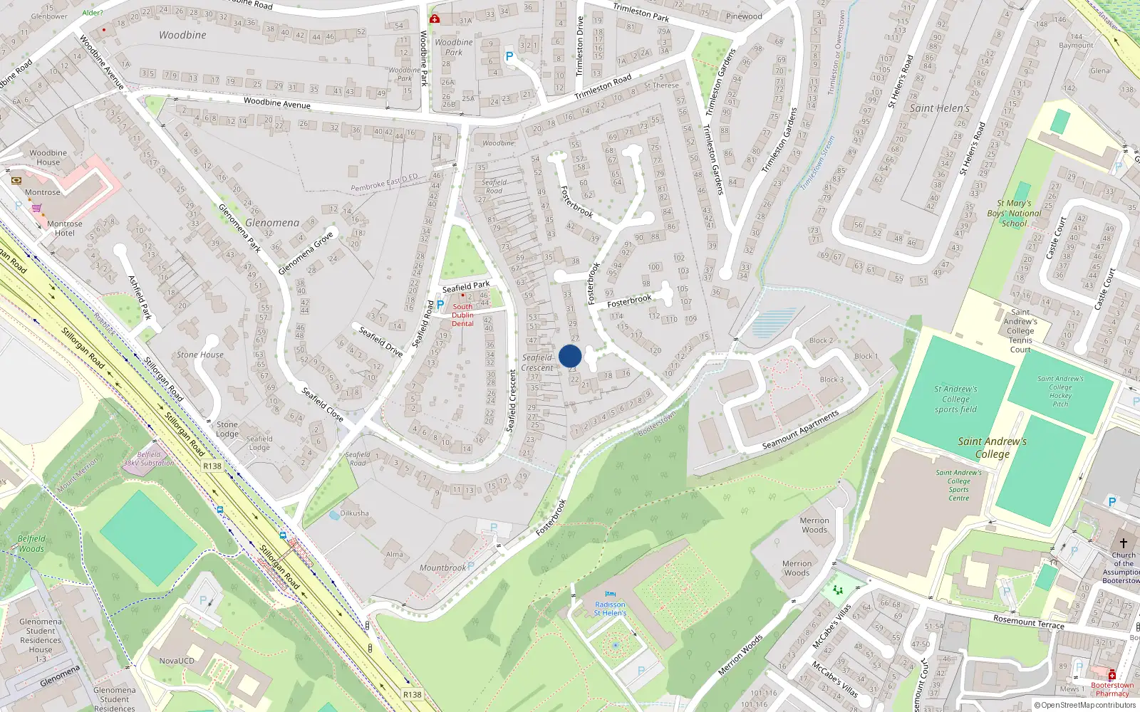 Overhead map showing the location of 25 Fosterbrook, Booterstown, Blackrock