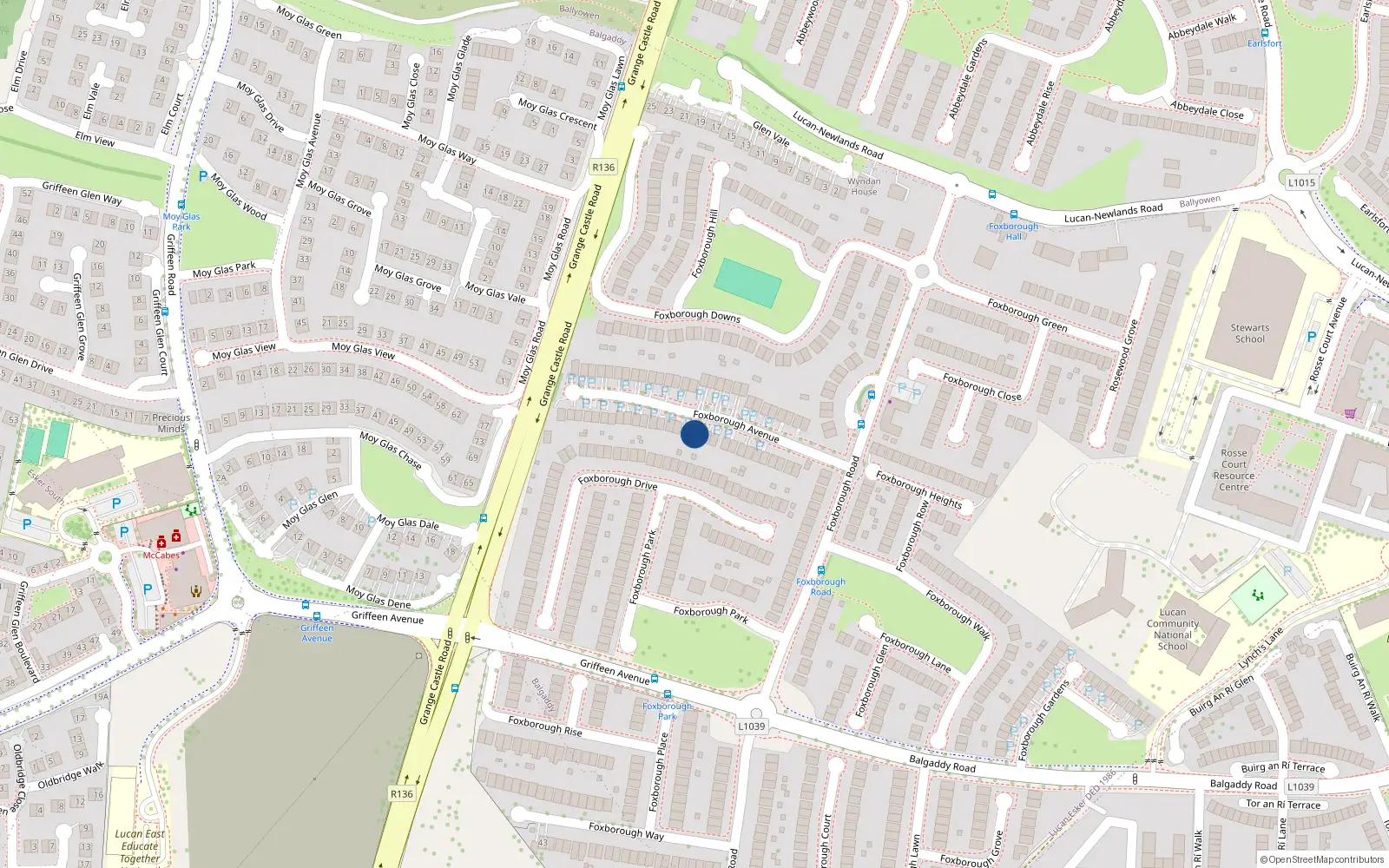 Overhead map showing the location of 25 Foxborough Avenue, Lucan, Dublin