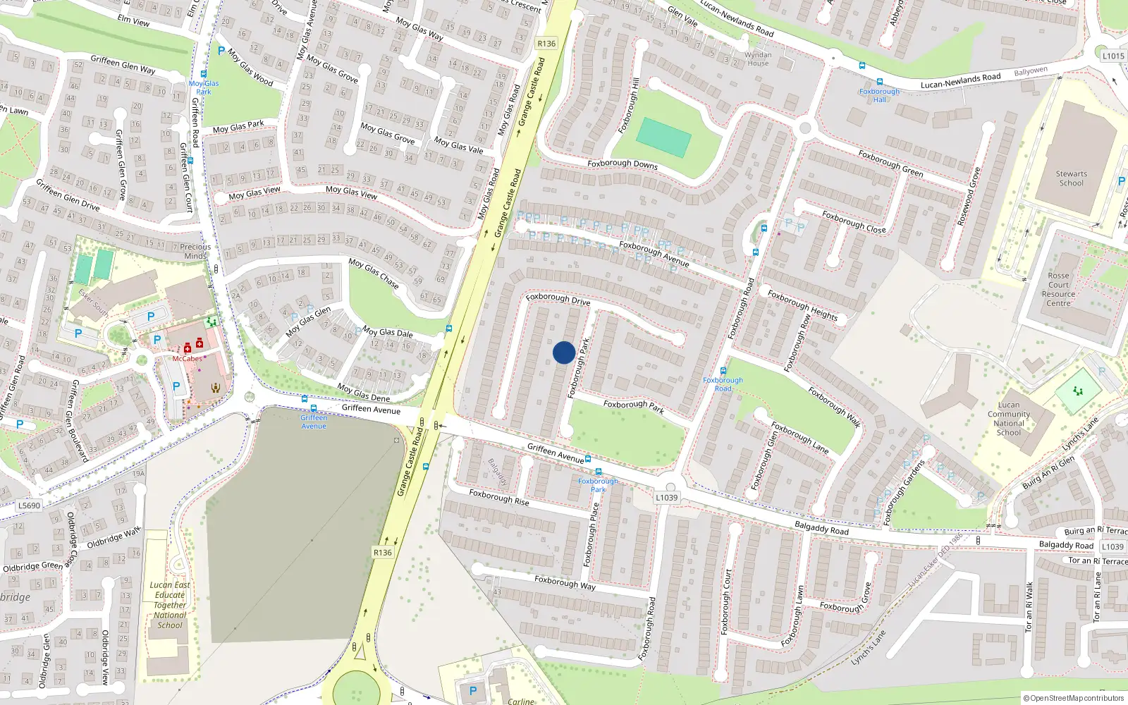 Overhead map showing the location of 25 Foxborough Park, Lucan