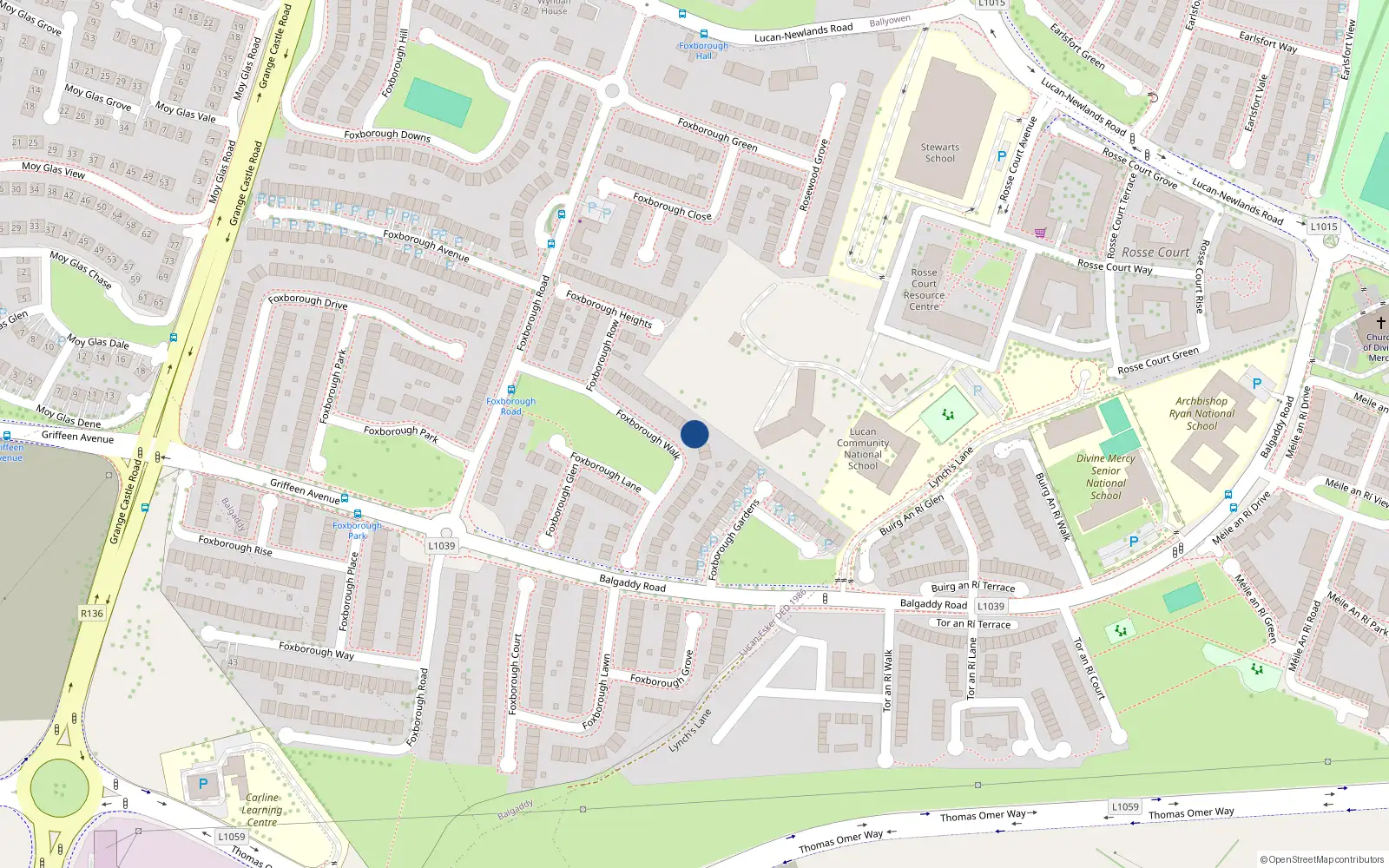 Overhead map showing the location of 25 Foxborough Walk, Lucan