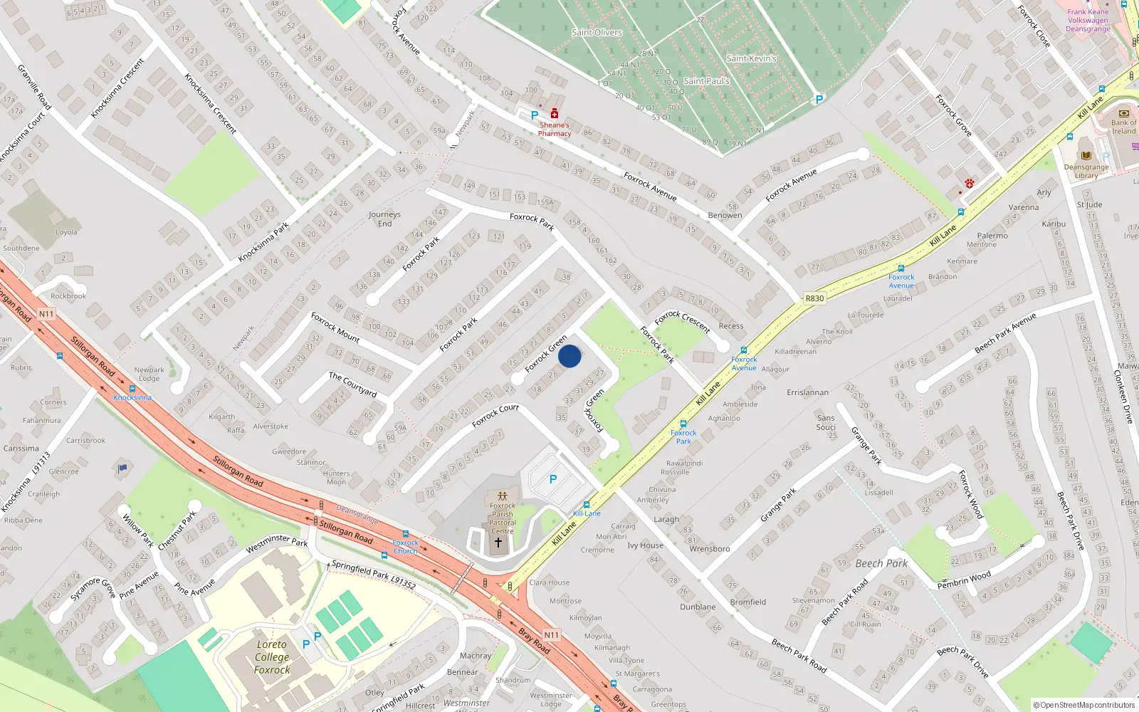 Overhead map showing the location of 25 Foxrock Green, Dublin 18