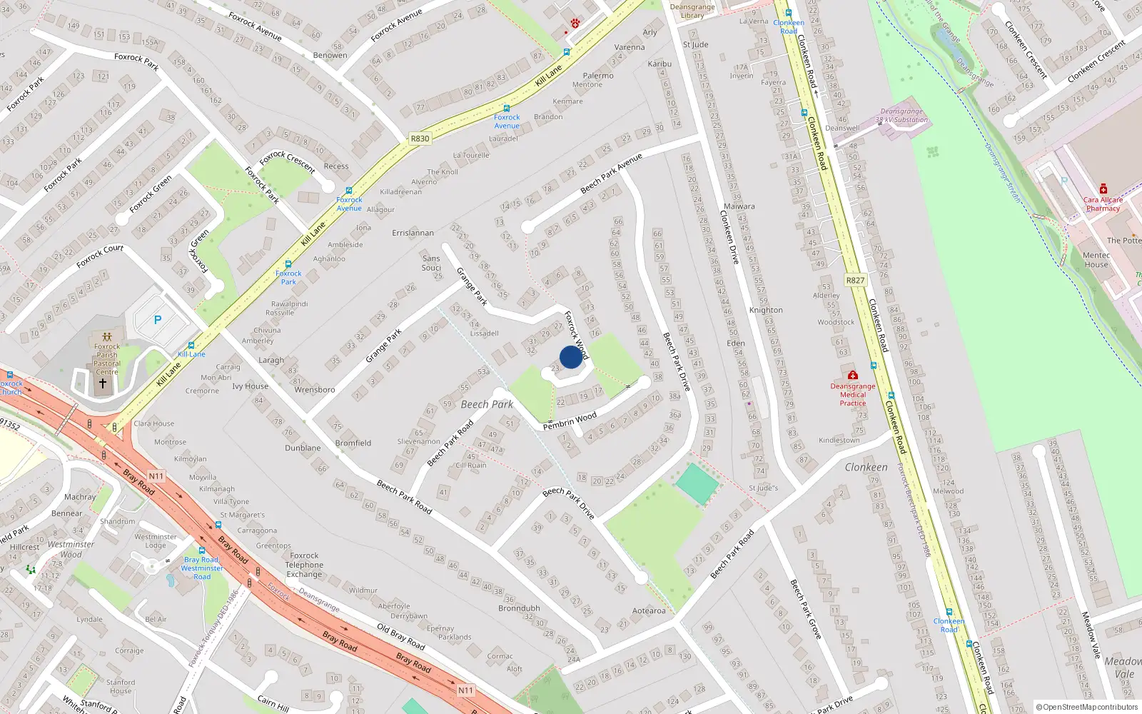 Overhead map showing the location of 25 Foxrock Wood, Dublin 18