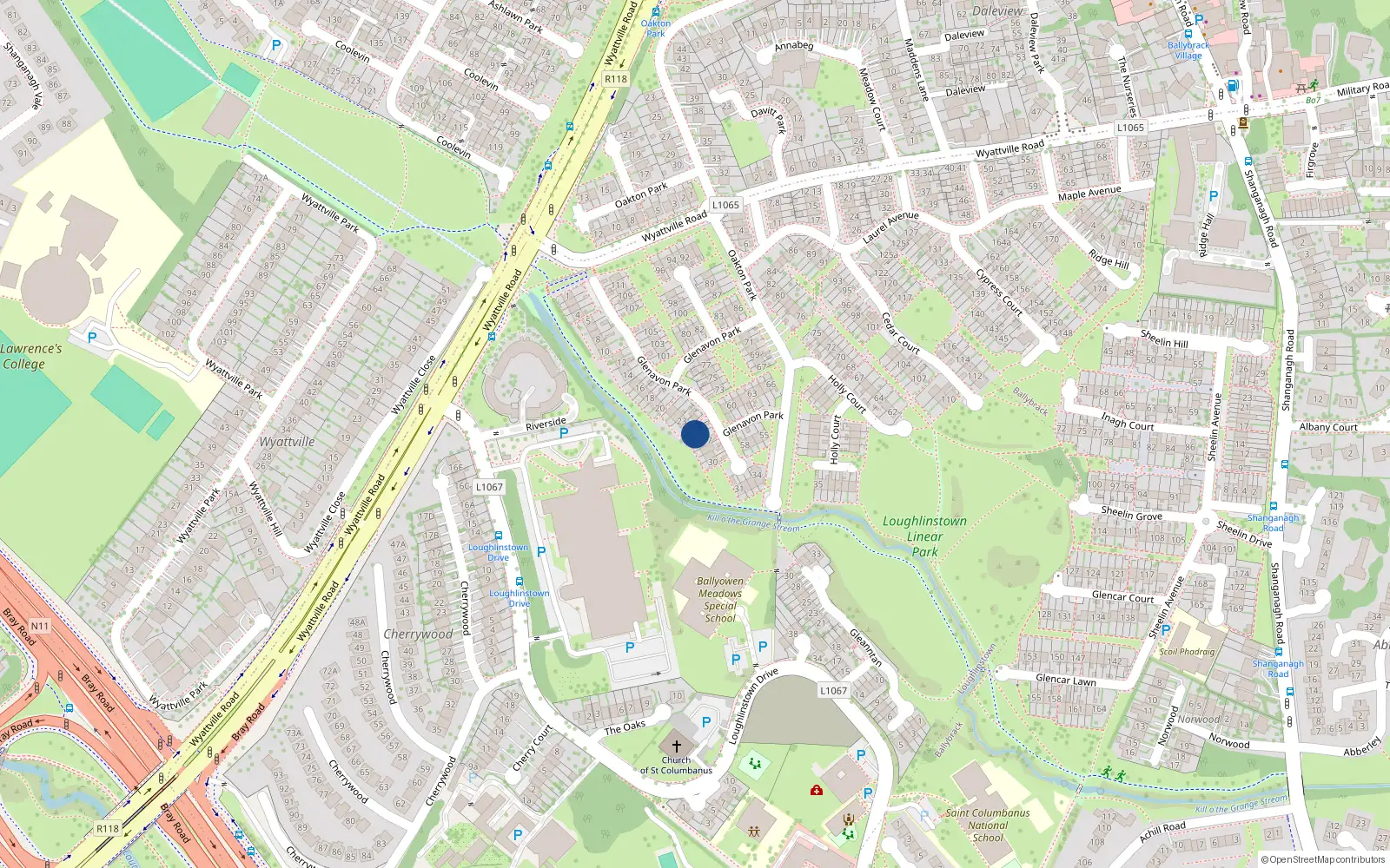 Overhead map showing the location of 25 Glenavon Park, Ballybrack, Dublin
