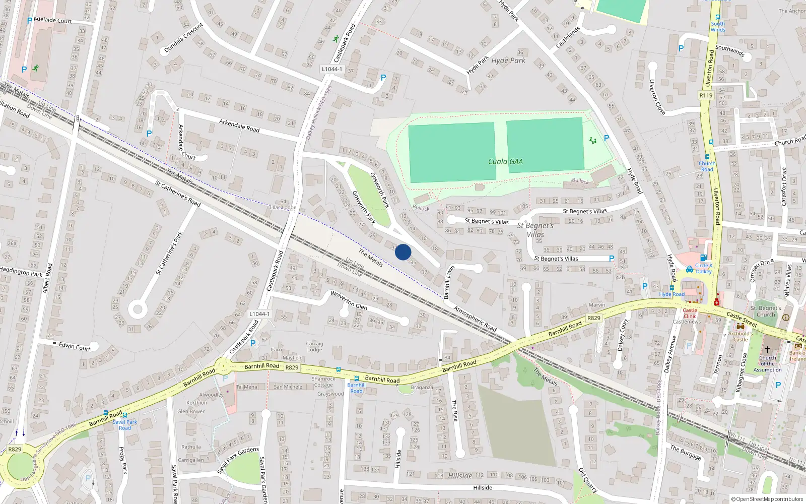Overhead map showing the location of 25 Gosworth Park, Dalkey, Dublin