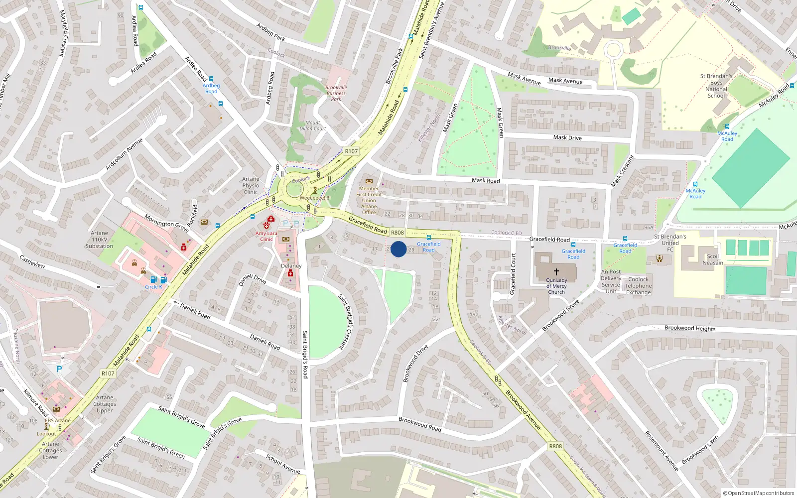 Overhead map showing the location of 25 Gracefield Road, Dublin 5