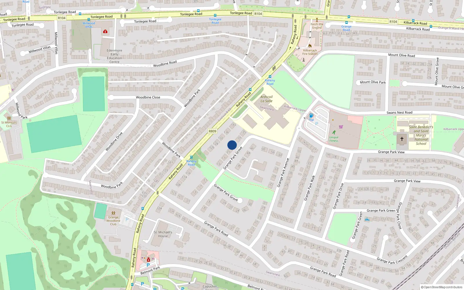 Overhead map showing the location of 25 Grange Park Grove, Dublin 5