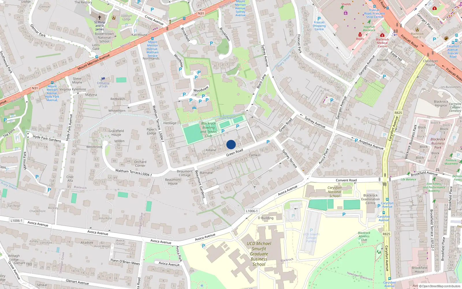 Overhead map showing the location of 25 Green Road, Blackrock