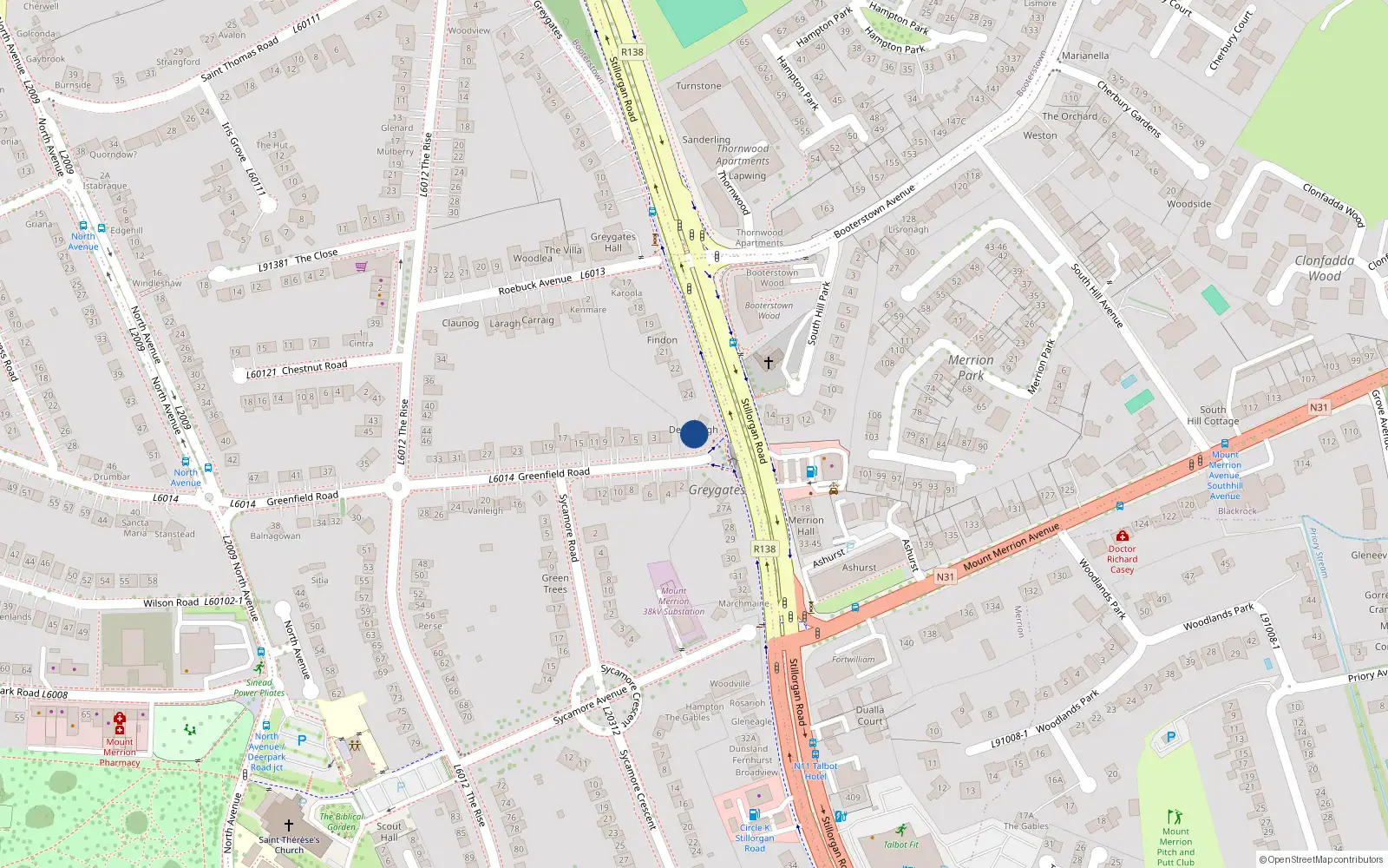Overhead map showing the location of 25 Greygates, Stillorgan Road, Mount Merrion