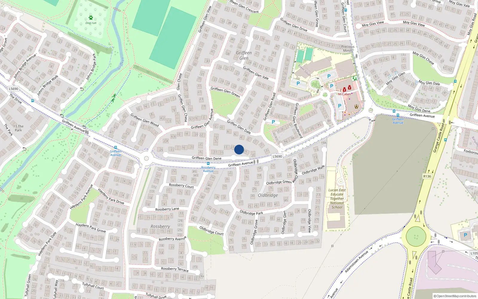 Overhead map showing the location of 25 Griffeen Glen Dene, Lucan