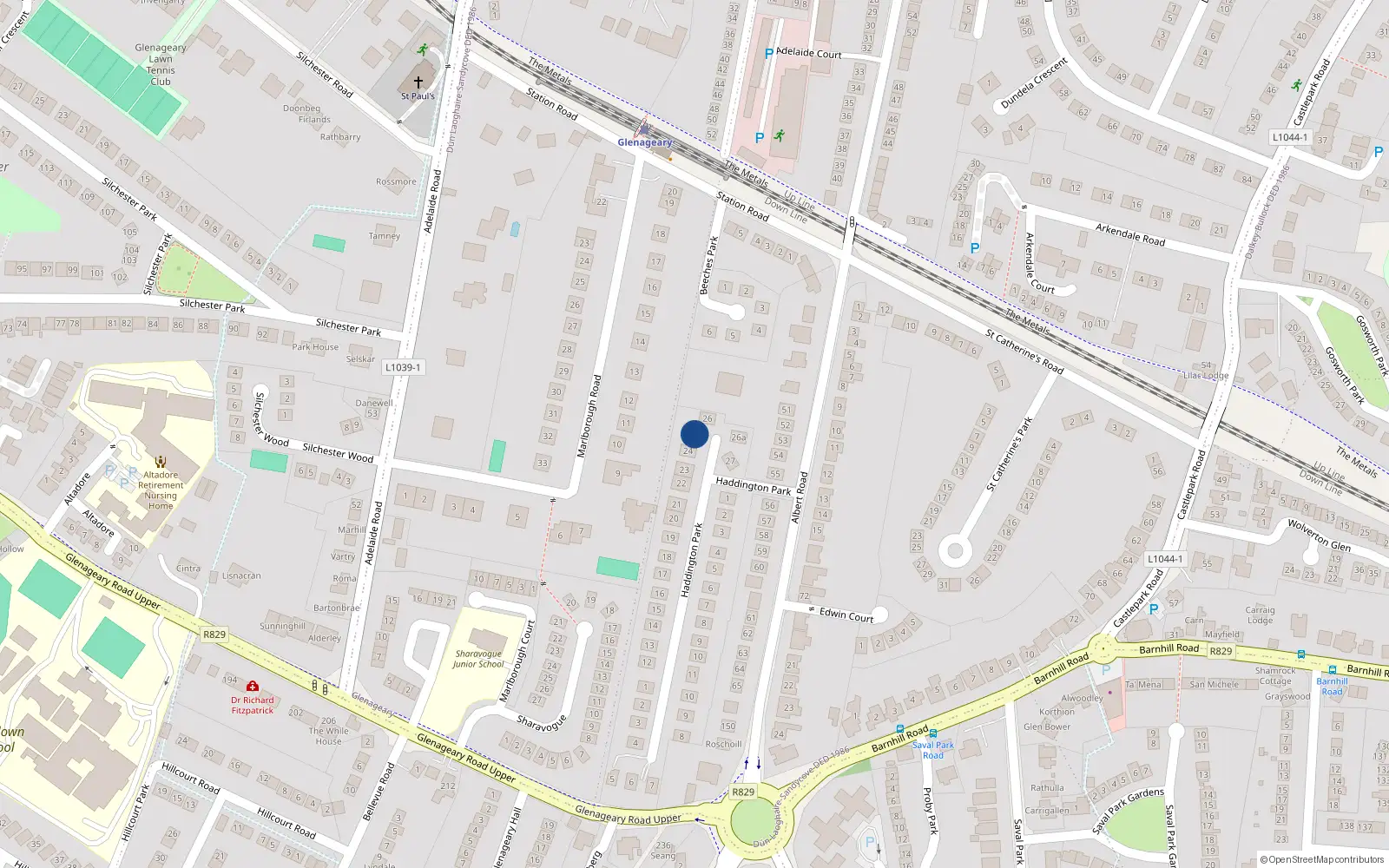 Overhead map showing the location of 25 Haddington Park, Dun Laoghaire