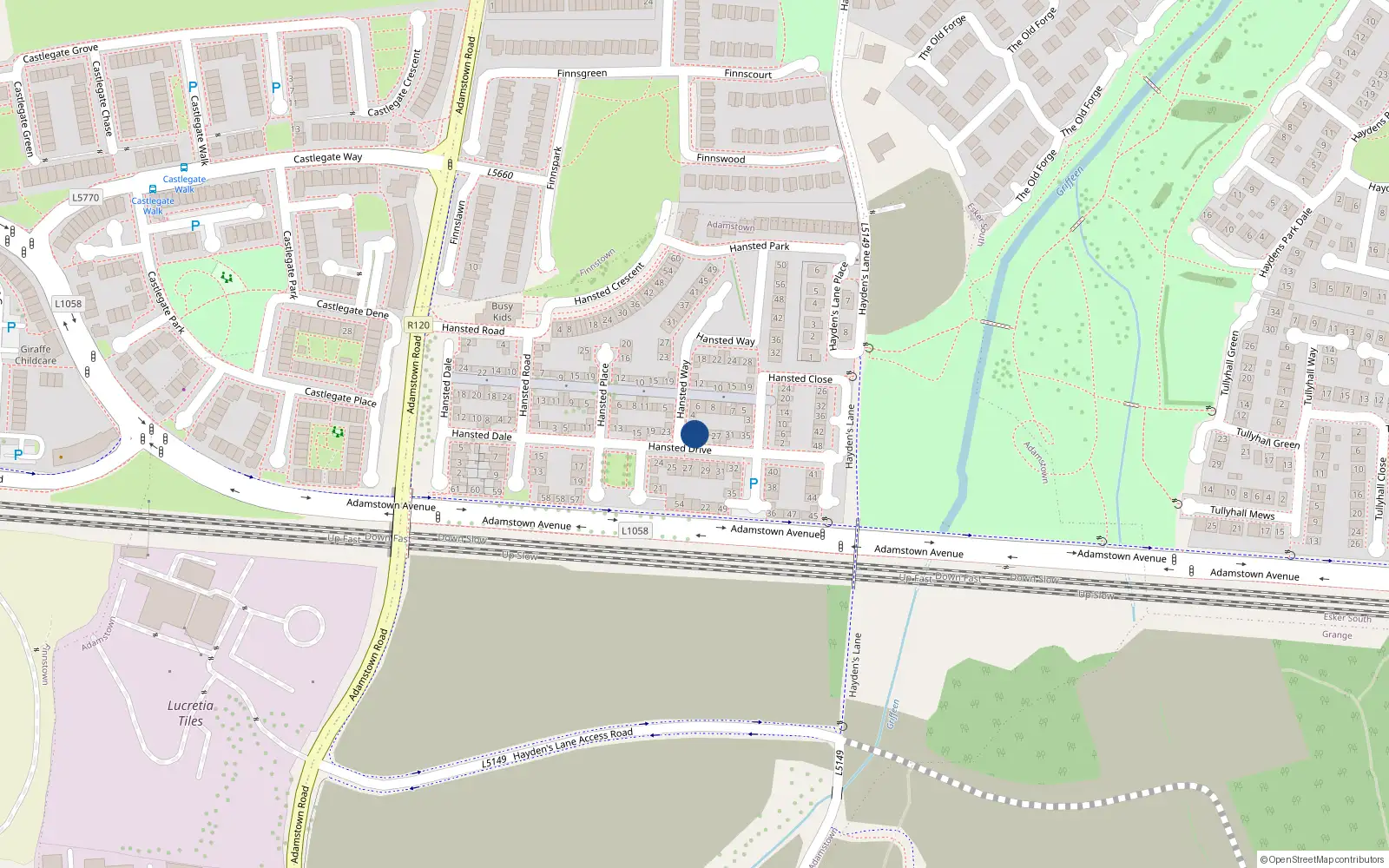 Overhead map showing the location of 25 Hanstead Drive, Hanstead Estate, Lucan