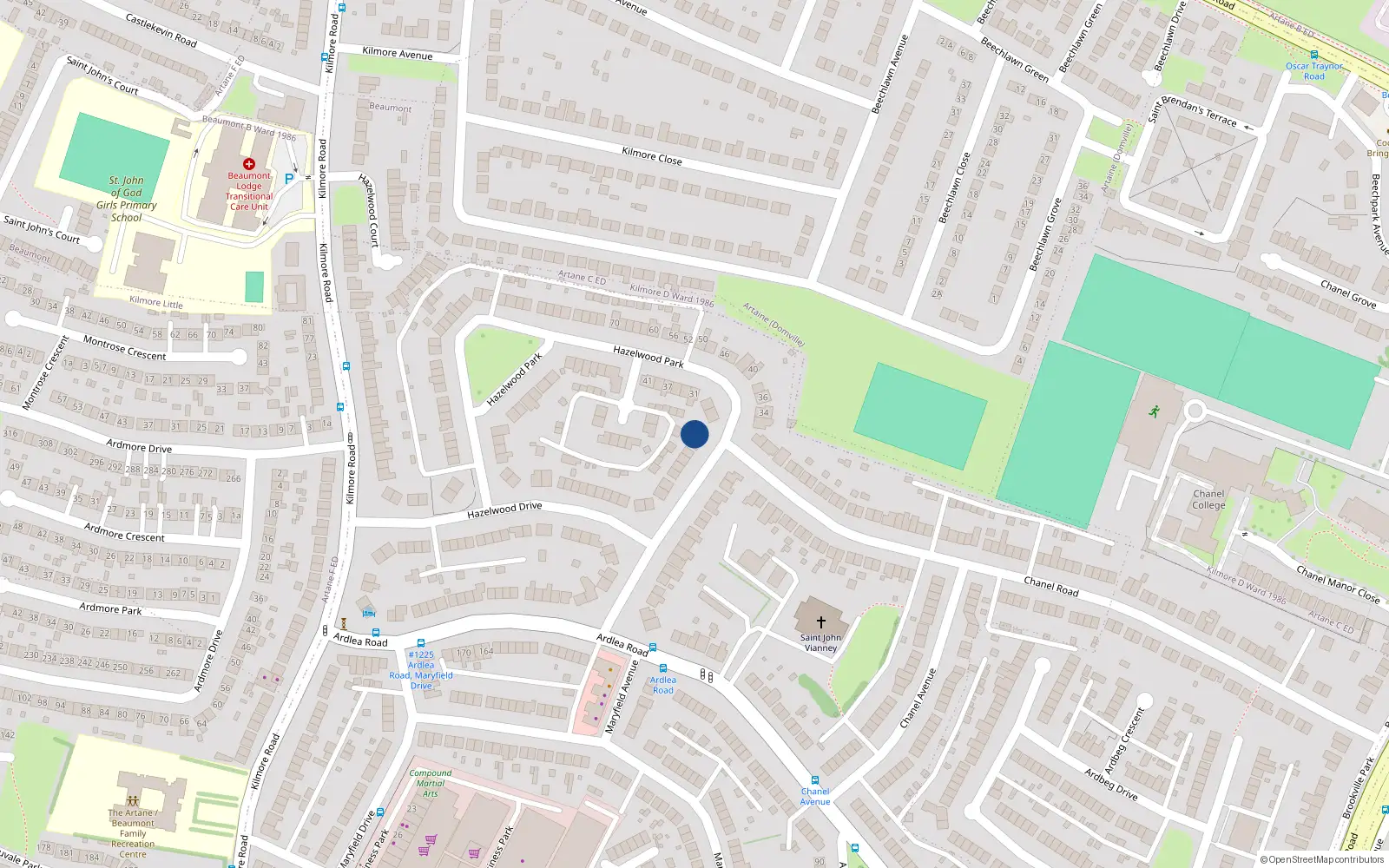 Overhead map showing the location of 25 Hazelwood Park, Artane, Dublin 5