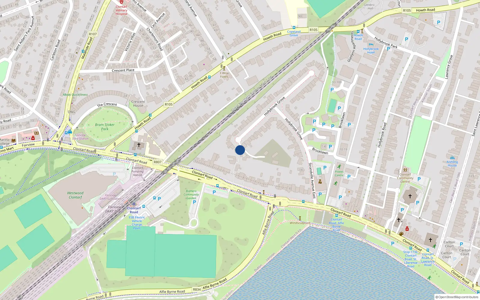 Overhead map showing the location of 25 Hollybrook Grove, Clontarf, Dublin 3
