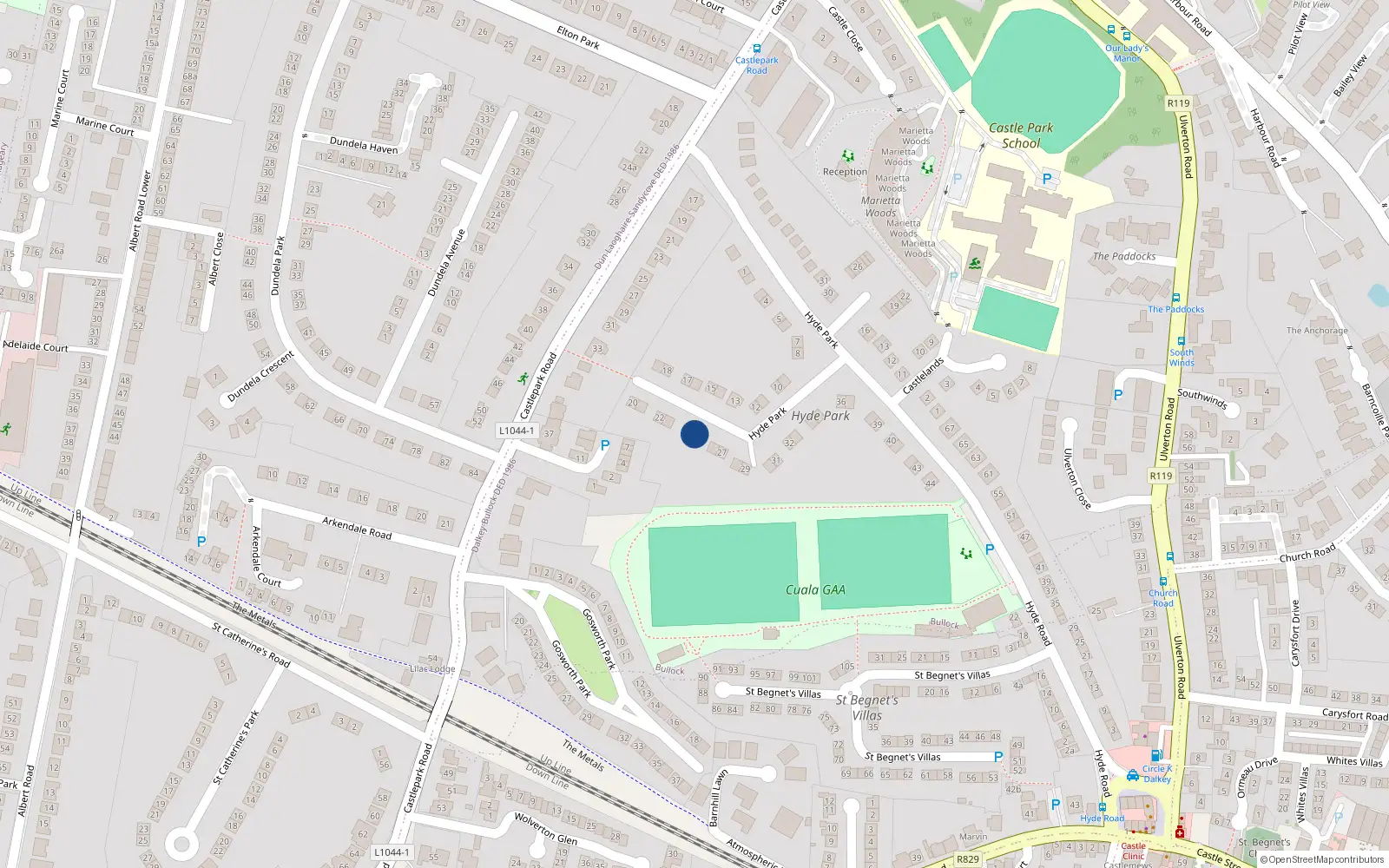 Overhead map showing the location of 25 Hyde Park, Dalkey