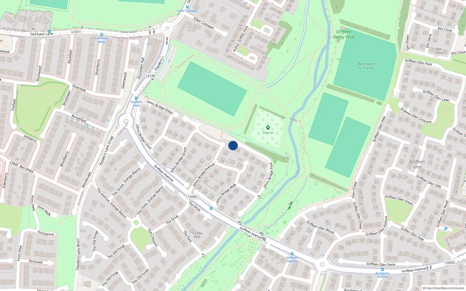 Overhead map showing the location of 25 Johnsbridge Park, Lucan, Co Dublin