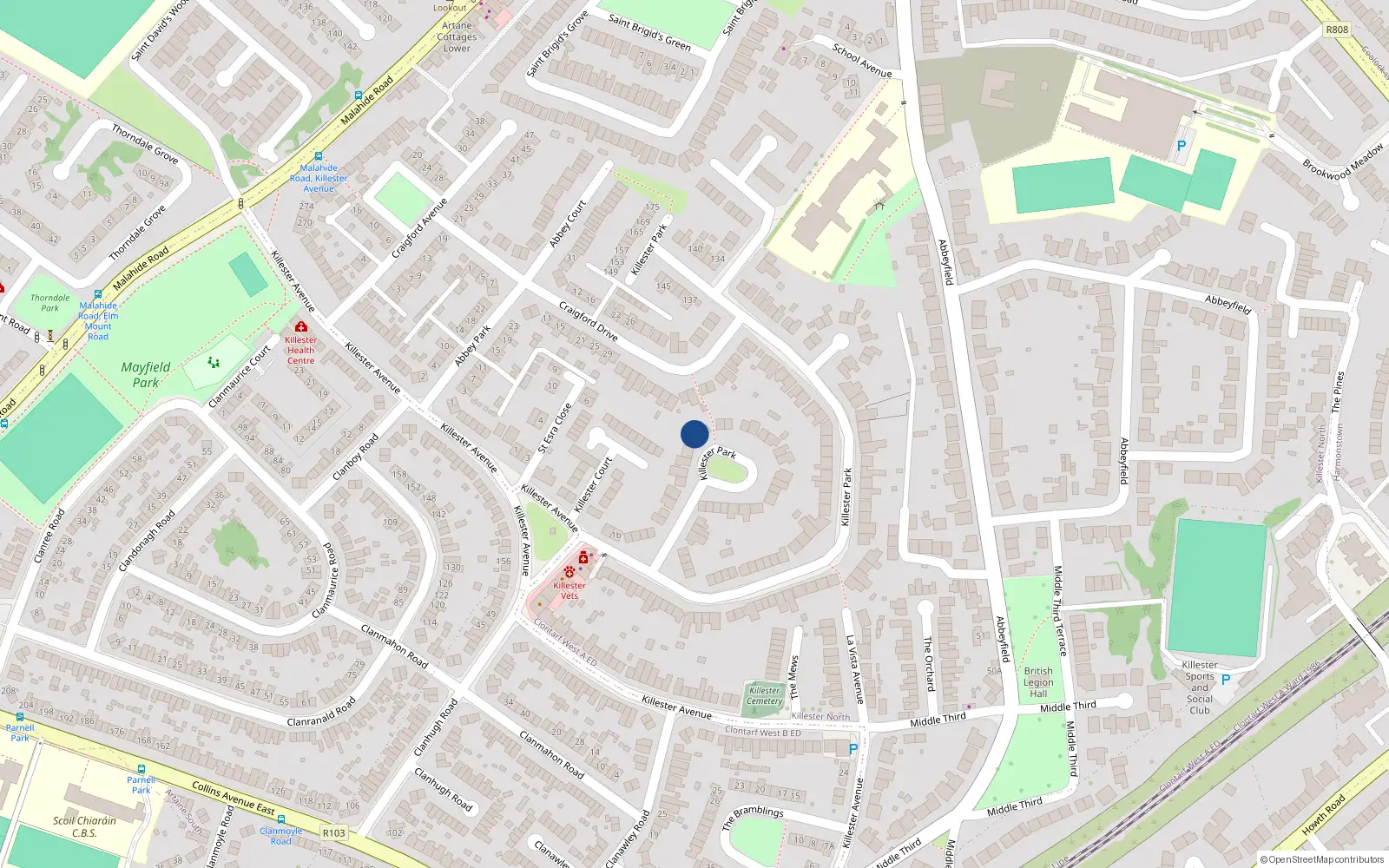 Overhead map showing the location of 25 Killester Park, Killester, Dublin 5