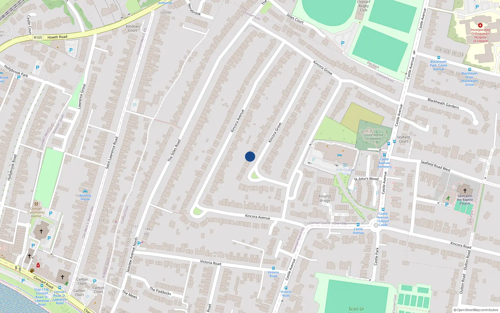 Overhead map showing the location of 25 Kincora Drive, Dublin 3