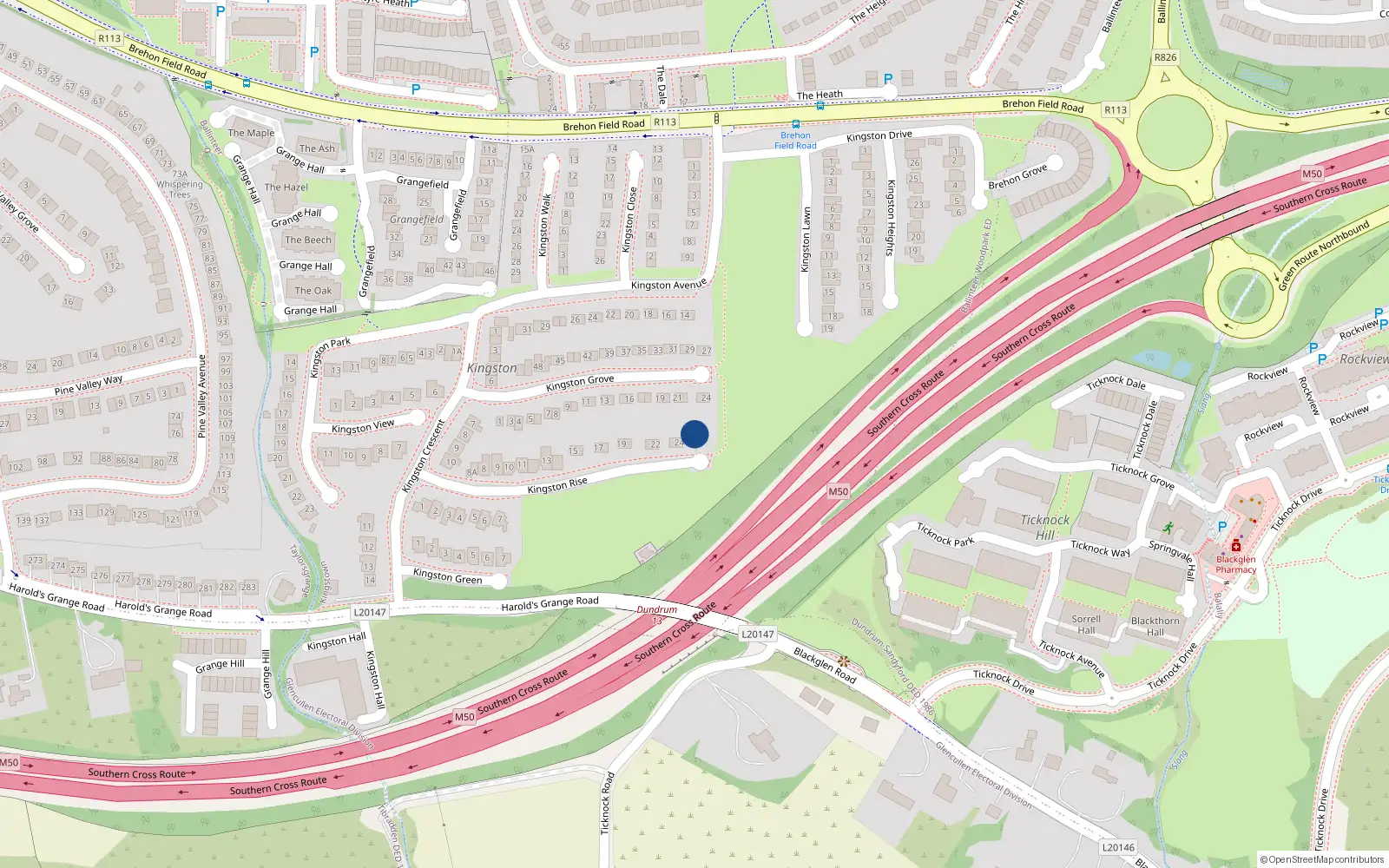Overhead map showing the location of 25 Kingston Rise, Dublin 16