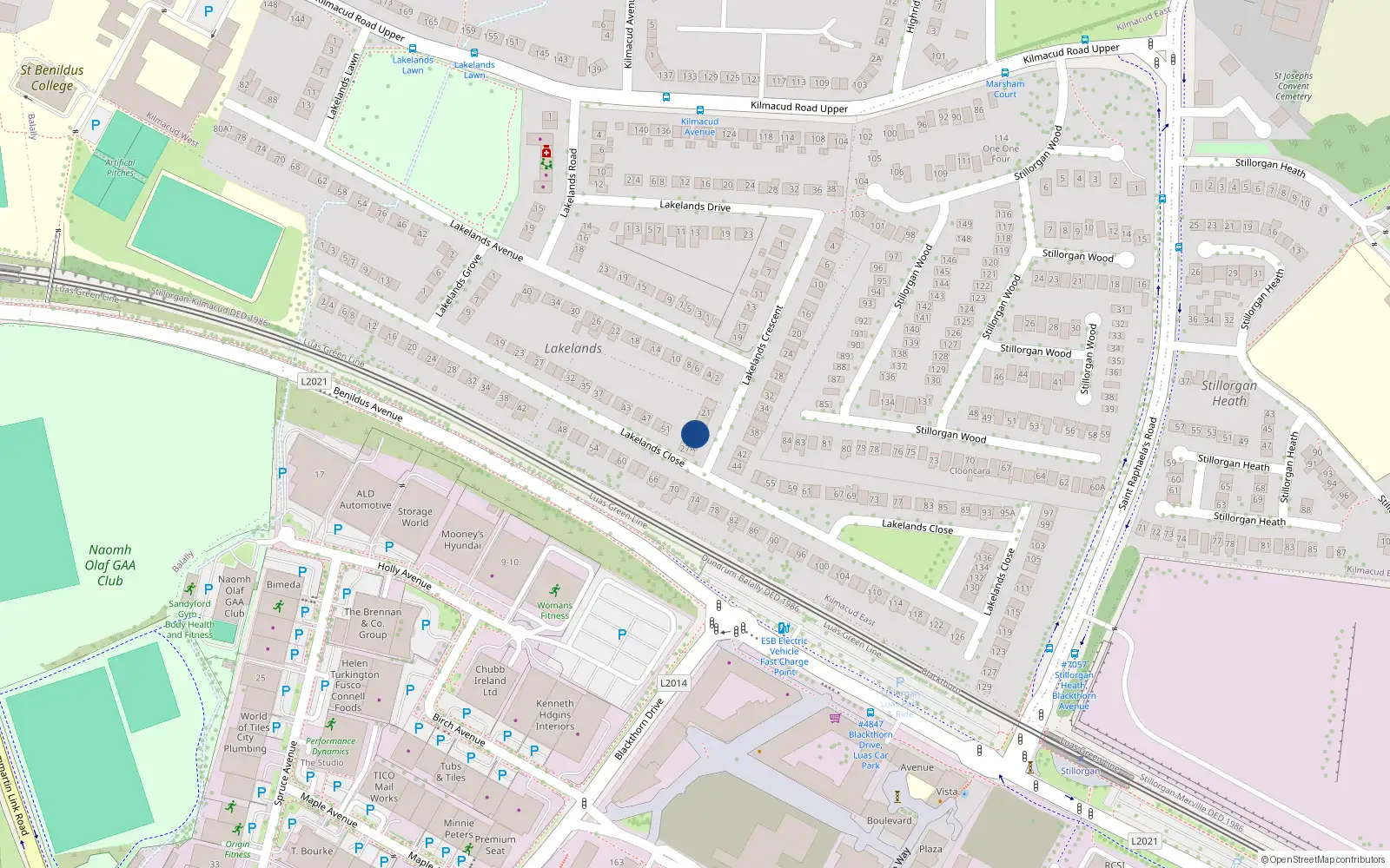 Overhead map showing the location of 25 Lakelands Crescent, Stillorgan, Dublin