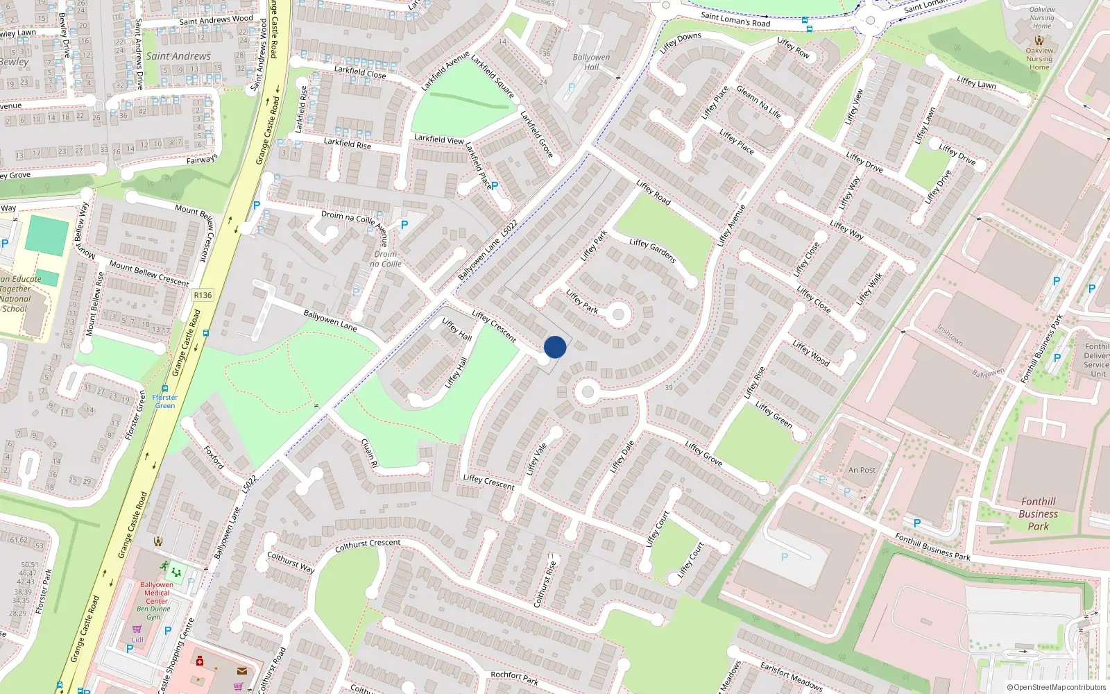 Overhead map showing the location of 25 Liffey Crescent, Lucan, Dublin